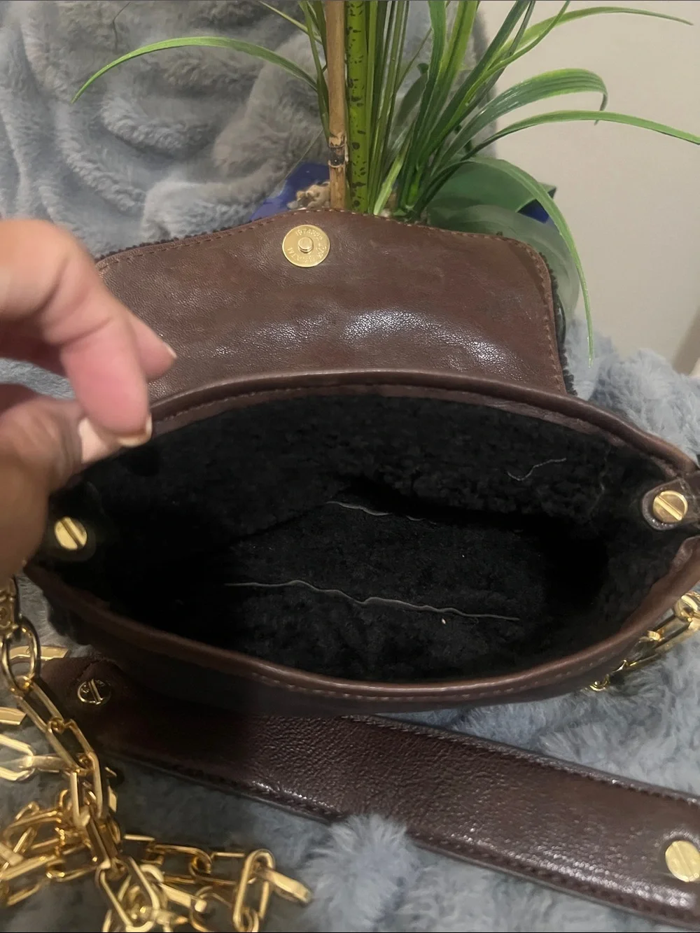 Tory Burch Dark Brown Suede and Shearing Mini Shoulder Bag with Gold Logo GUC